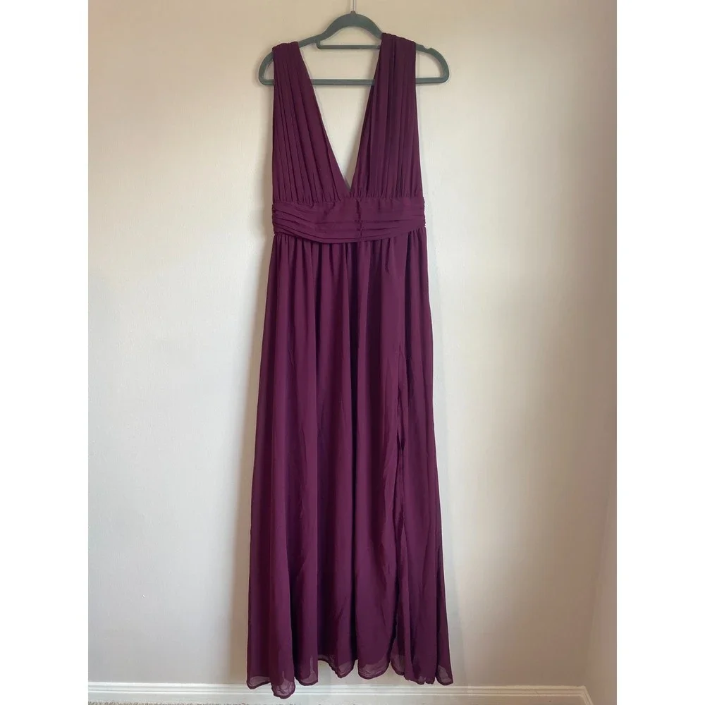 LuLus Heavenly Hues Burgundy Formal Chiffon Maxi Dress Medium Bridesmaid Prom - Picture 3 of 12